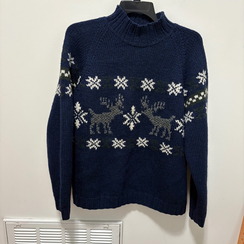 LL Bean Fair Isle Reindeer Sweater Women Navy Blue Large Wool Silk Blend